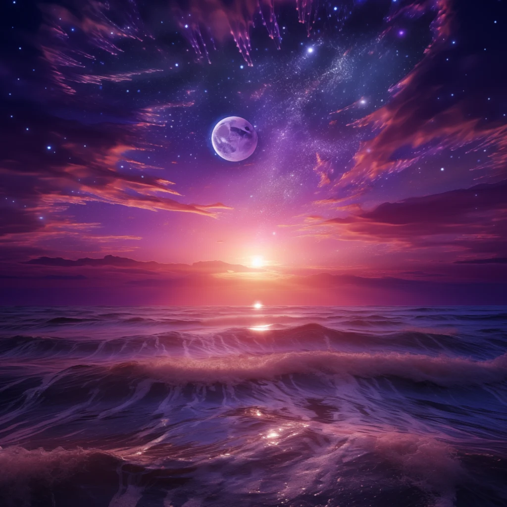Purple sunset over ocean, moon, stars.